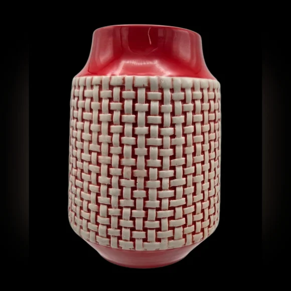 Retro Vintage Ceramic Red White Basket Weave Decorative Vase - Picture 4 of 8